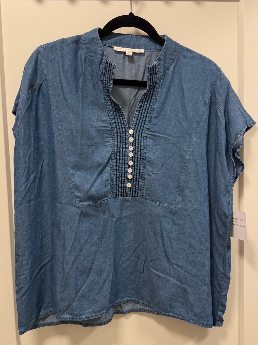 Denim-Blue Short Sleeve Pintuck Button Tunic